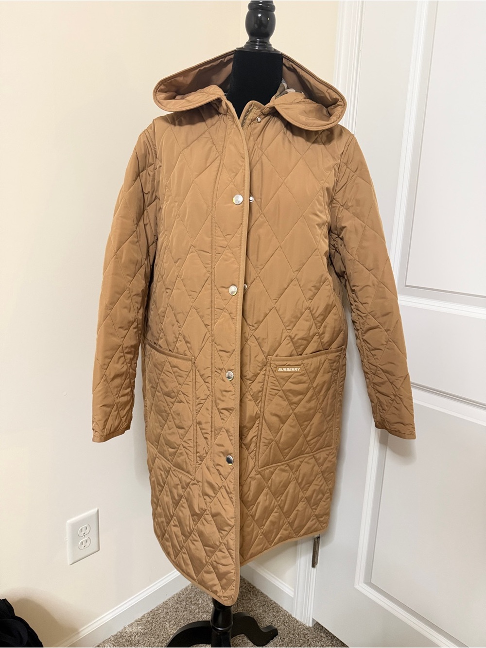 Burberry Quilted Hooded Puffer Coat in Camel Brown